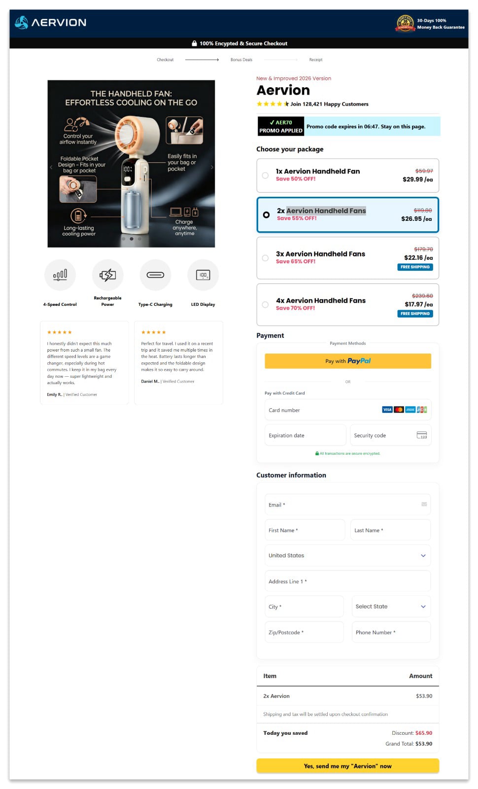 Aervion Handheld Fan secure checkout page